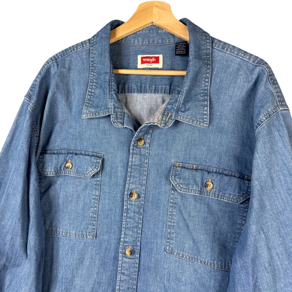 Wrangler Mens 3XL Blue Stretch Denim Long Sleeve Button Down Shirt 112324398